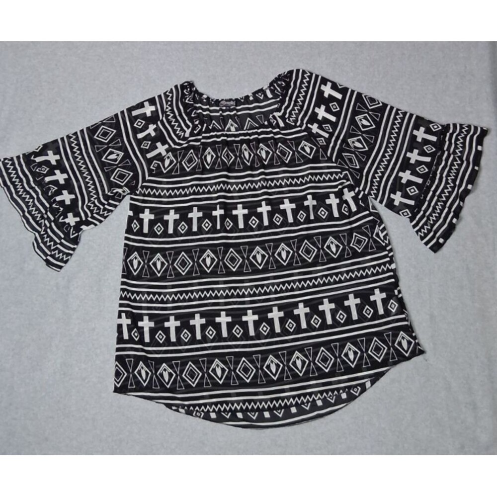 Cowgirl Hardware 3/4 Flutter Sleeve Sheer Blouse Womens XL Black & White Crosses